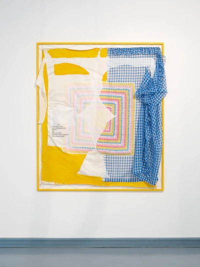 Franca Scholz, Greedy Lips, 2022
Baumwollstoff, Häkeldecke, Vorhang, Überhemd,
Stickerei, Acryl auf Leinwand im Stahlrahmen 
132 × 113 cm