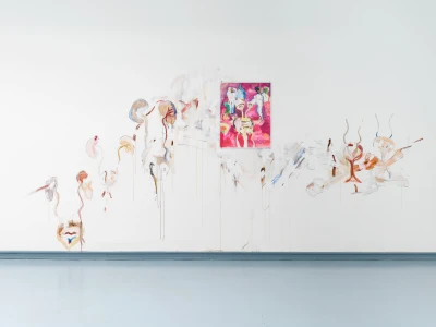 À la Fontaine (Powers)
Bleistifte, Aquarell- und 
Wasserfarben auf Papier, 
50×64,5 cm, 2021
Foto: Simon Vogel