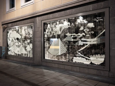 Alexandra Leykauf,  Ohne Titel, 2021 ,
Kreidespray auf Glas,
 je 260×350 cm,
Foto: Heinrich Holtgreve